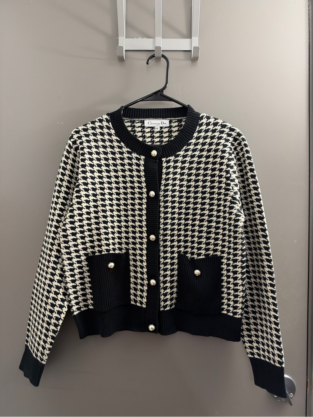 Christian Dior Houndstooth Cardigan Sweater Black Ivory Acrylic XL Women pearl